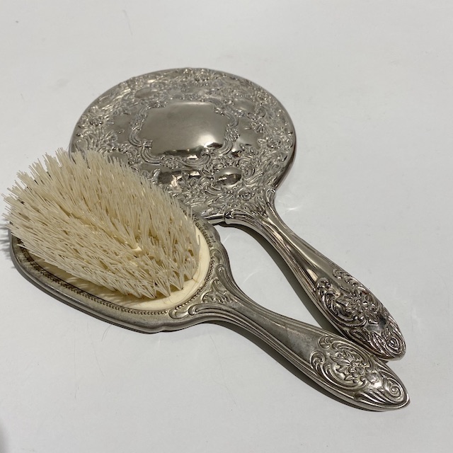 HAIR BRUSH & HAND MIRROR SET, Vintage Silver Round